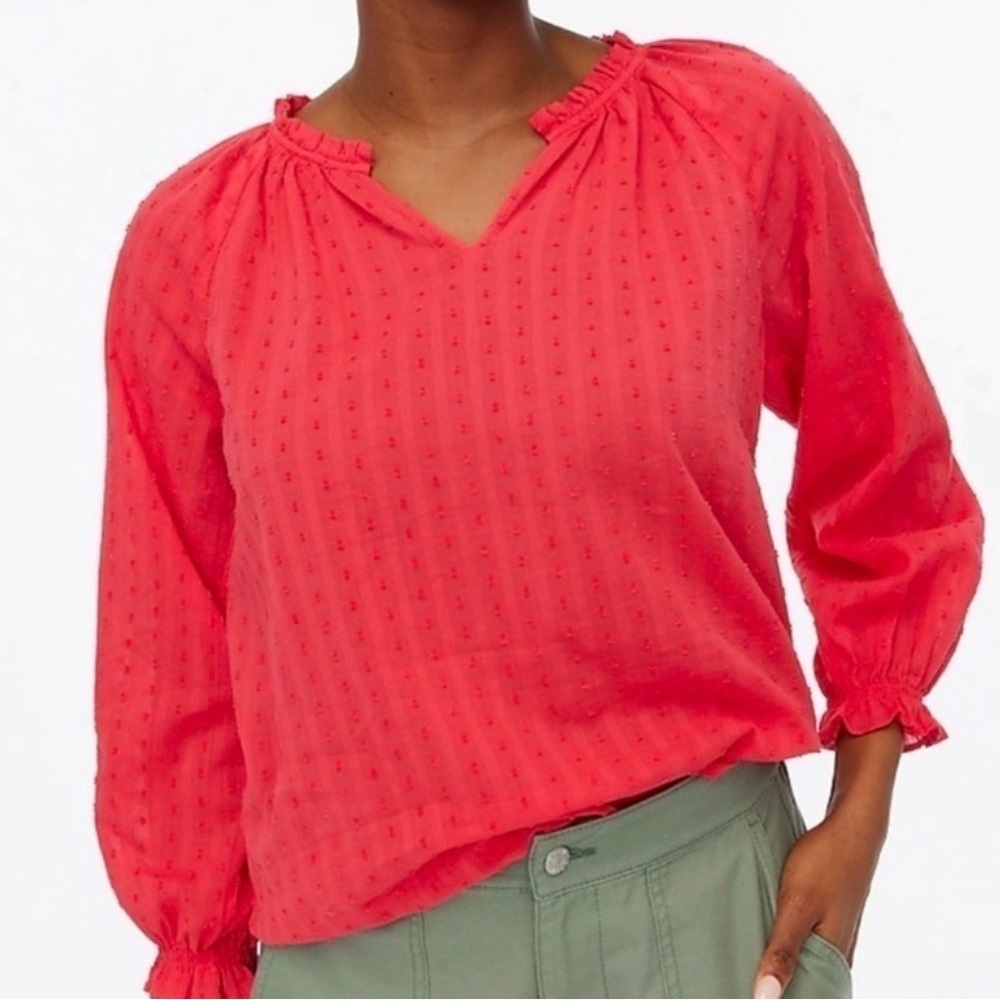 J.Crew Coral Swiss Dot Blouse Ruffle Neck Long Sleeve Top Size XS